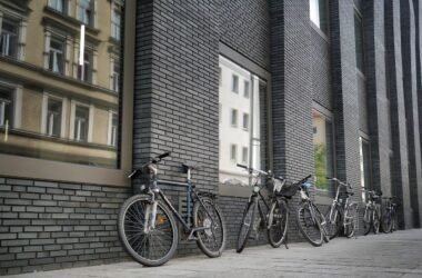 Home road, city, urban, architecture, wheel, pavement, reflection, clinker, bicycle, facade